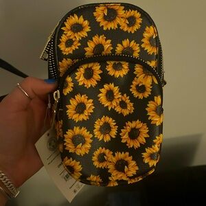 Black Mini Crossbody Purse with Sunflower Print & Dual Zippers